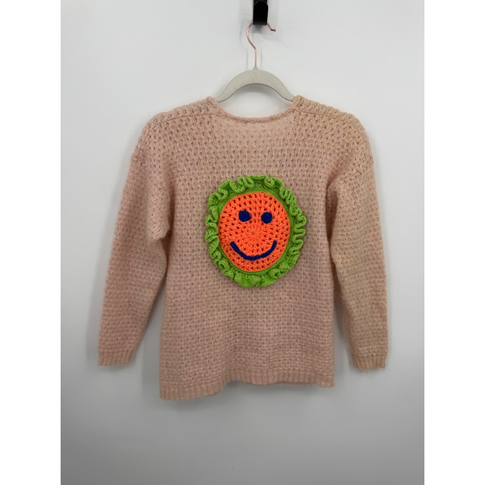 Unbranded Handmade Smiley Face Cardigan Women Small Peach Crochet Patch Fuzzy